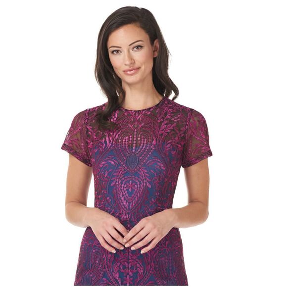 JS Collections Short Sleeve Blue Pink Overlay Metallic Sheath Cocktail Dress - Picture 6 of 12